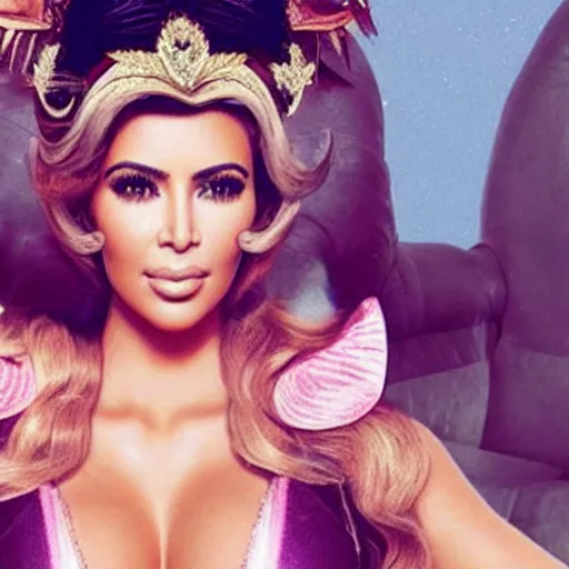 Prompt: photo still of kim kardashian as princess peach.