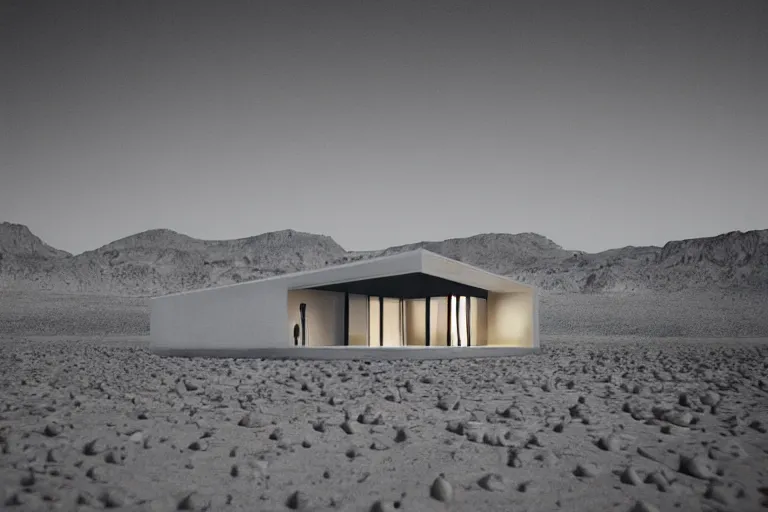 Image similar to desolate futuristic house in the middle of the desert, dramatic, desolate, award winning, high detailed