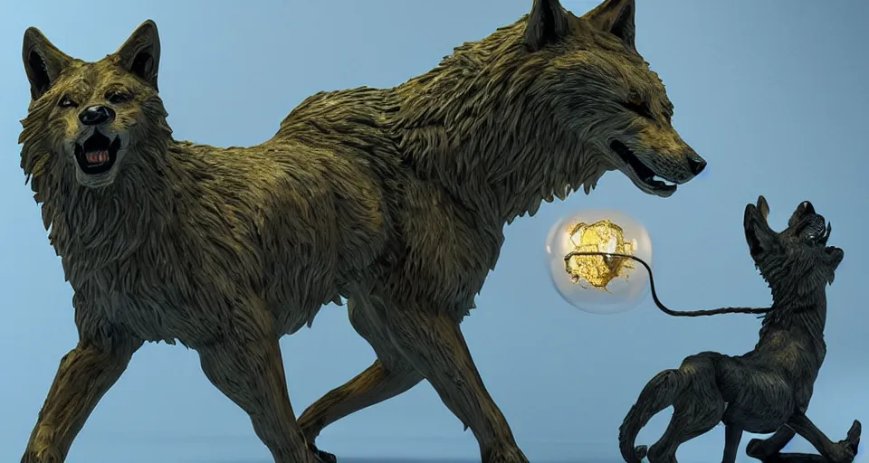 Image similar to wolves and their treasures - golden sculptures - dramatic lighting, trending on artstation, highly detailed render by studio ghibli