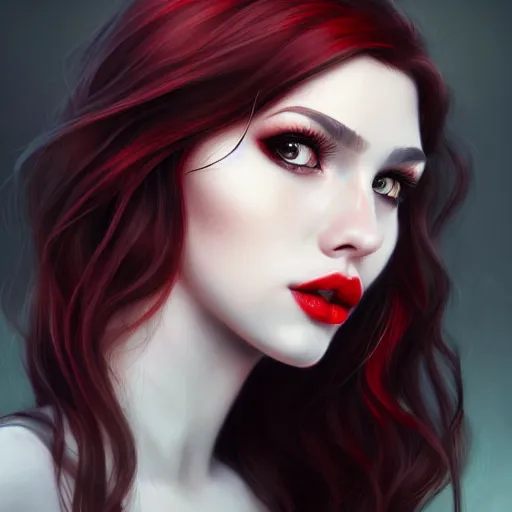 Image similar to a realistic illustration portrait of a beautiful cute girl with wavy black and red hair, a pointy nose and, round chin black eyeliner, trending on artstation, dynamic, hyper - realistic lighting, intricate, ross tran, realistic hair