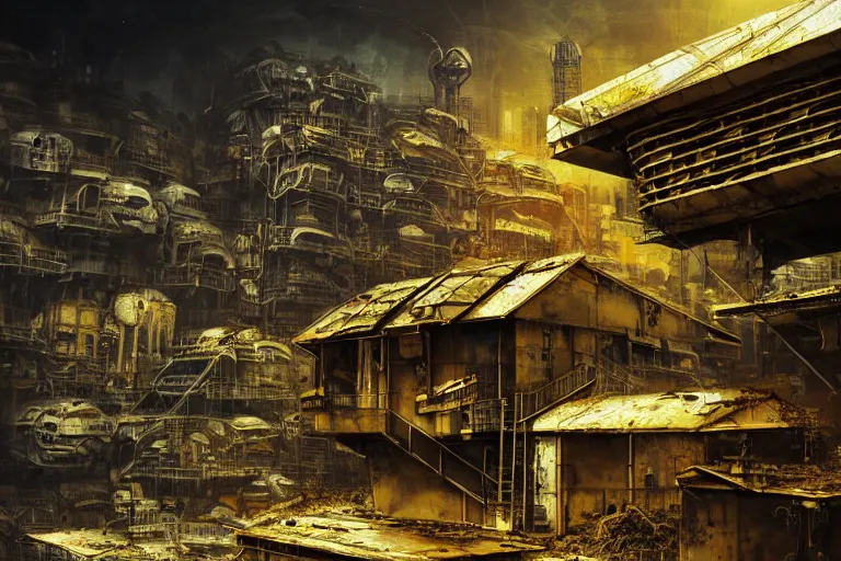 Image similar to simplicity, spaceship river favela honeybee hive, urban environment, industrial factory, apocalyptic, golden, award winning art, epic dreamlike fantasy landscape, ultra realistic,