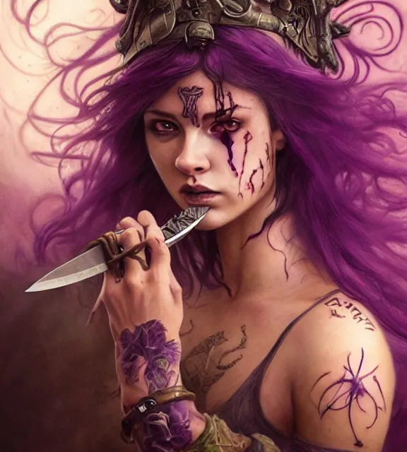 Image similar to beautiful female stabber stabbing soldier with knife, perfect face, intricate tattoos, purple flowing hair, crazy eyes, spraying blood, cinematic, blush, stunning, athletic, moist, strong, agile, highly detailed, hard focus, sensual lighting, art by jessica rossier and brian froud