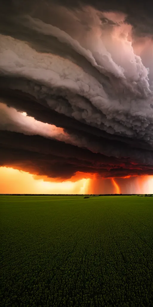 Image similar to a supercell storm dark and brooding far away in the distance, open farming fields the foreground during sunset, by stephen king, storm of all storms, end of the world, nature, cinematic, hyperrealistic, evil, dark, cgsociety, 8 k