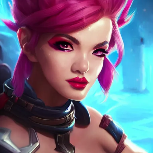 Image similar to portrait of Vi from League of Legends, by Fortiche Studio, by Riot Games, from Netflix's Arcane, trending on artstation,fine details, realistic shaded, fine-face, painted texture, pretty face