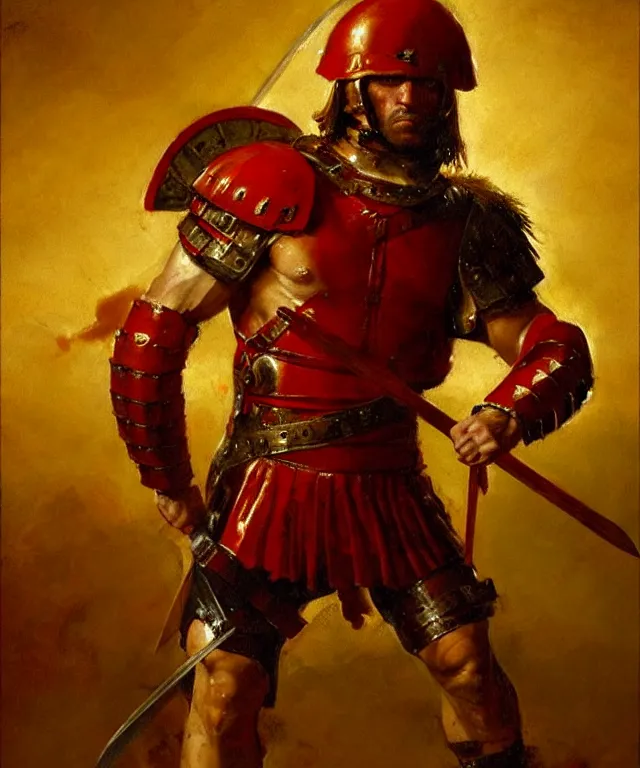 Image similar to renaissance painting of muscular roman soldier with sword by simon bisley and greg rutkowski, full body armor! dynamic battle pose, vivid red and gold color scheme, cinematic atmospheric lighting