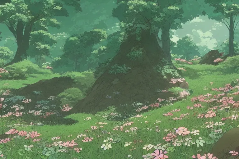 Prompt: Landscape of a beautiful ancient hill in a forest with lots of flowers and nature, by Studio Ghibli, Makoto Shinkai, Moebius