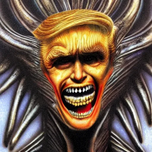 Prompt: alien donald trump, sharp teeth, by h. r. giger, nightmare fuel, nightmarish, intricate, highly detailed, optical illusion, president donald trump