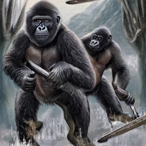 Image similar to gorillas in a medieval battle, george rr martin