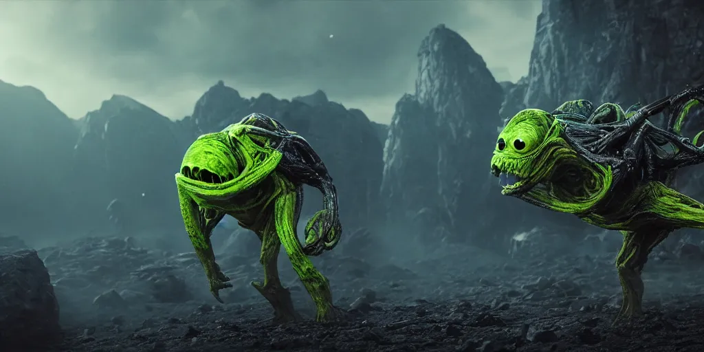 Image similar to a photo of 8 k ultra realistic tennis ball monster, tennis ball monsters, alien exotic, cinematic lighting, trending on artstation, 4 k, hyperrealistic, focused, high details, unreal engine 5, cinematic, alien planet atmosphere in background, 3 d render by basil gogos