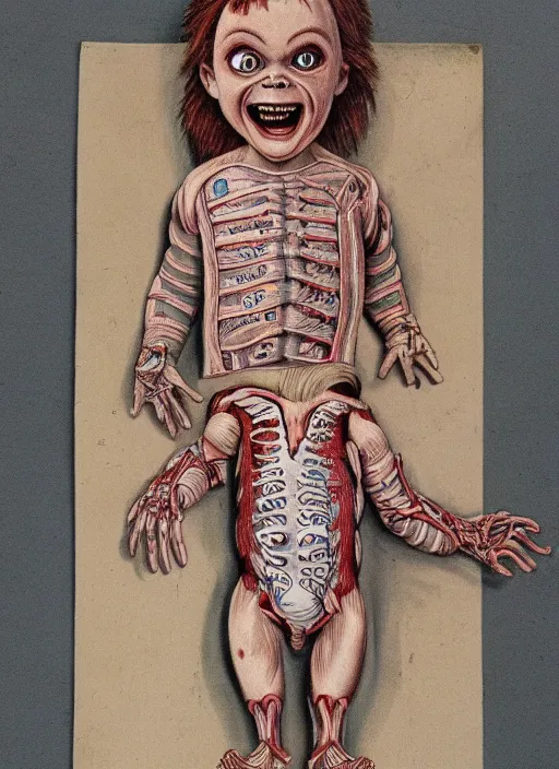 Image similar to vintage medical anatomical illustration of chucky from child's play ( 1 9 8 6 ), highly detailed, labels, intricate writing