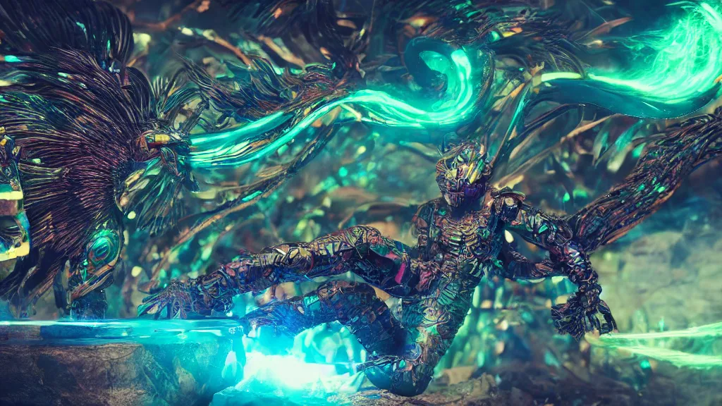 Prompt: photo of quetzalcoatl iridescent humanoid deity fighting against the machines, fantasy cinematic lighting, photorealistic, octane render 8 k depth of field 3 d