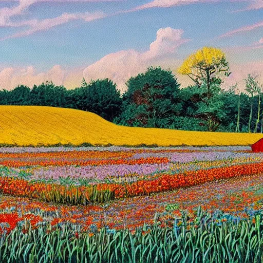 Prompt: a beautiful painting of a convenience store in a field of flowers by moebius