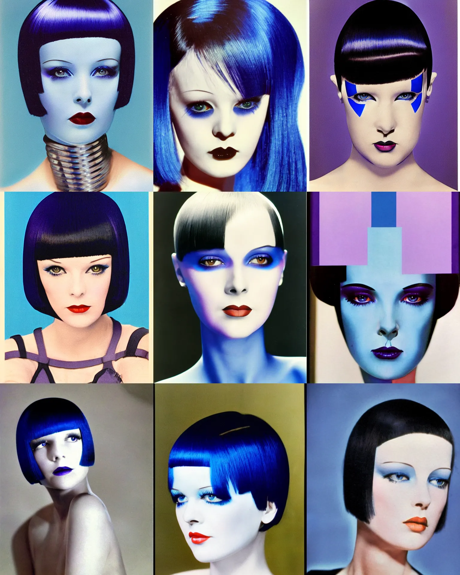 Prompt: mary louise brooks, half robot, 1 9 8 0 s airbrush, blue rim lighting, geometric blue and purple makeup, black shiny bob haircut