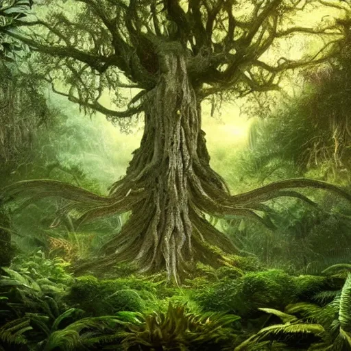 Image similar to horrific, spectacular tree in a densely overgrown jungle, fantasy, dreamlike sunraise, ultra realistic