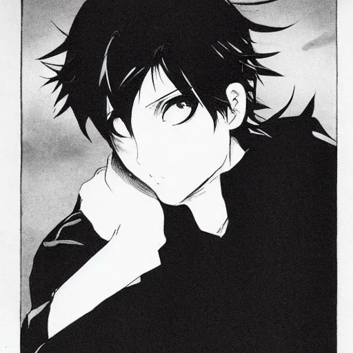 Image similar to black and white manga illustration of a boy with short dark hair and wearing a white shirt, illustrated by sadamoto