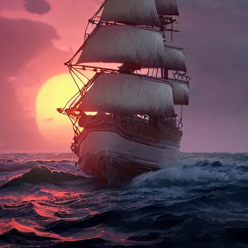 Prompt: a sunset and stormy sea with a giant pirate sailing-warship in style of Aivazovskiy, hypertealistic, high details, cinematic, 8k resolution, beautiful detailed, insanely intricate details, artstation trending, octane render, unreal engine,