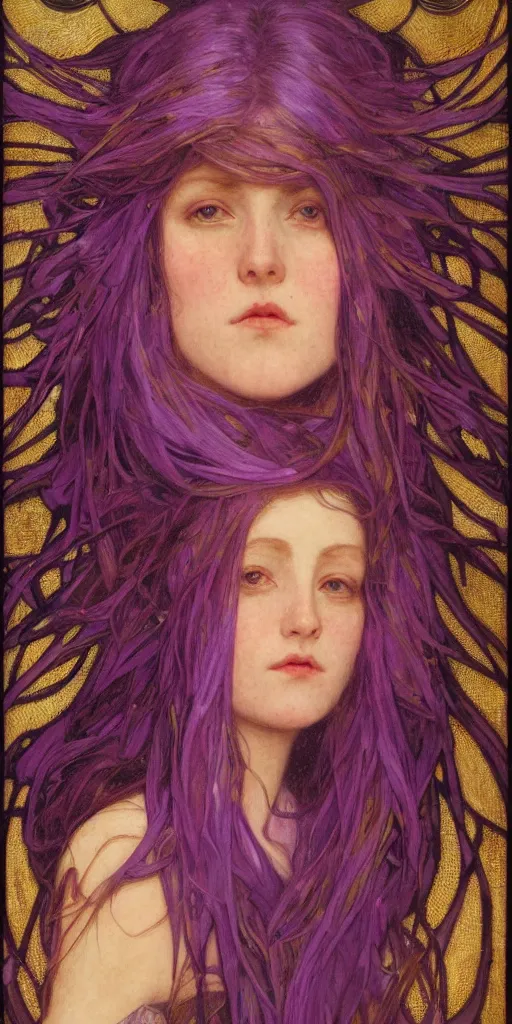 Image similar to purple, character portrait of purple energy, by waterhouse, by mucha, lean face, symmetrical face, face symmetry, cinematic lighting, beautiful, elegant, oil painting, cinematic, portrait, raphaelite, trending on artstation, intricate background