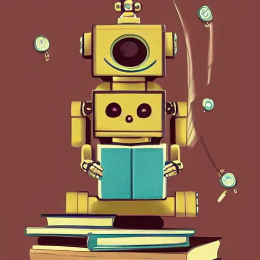 Image similar to cute robot reading a book. Trending on ArtStation, concept art