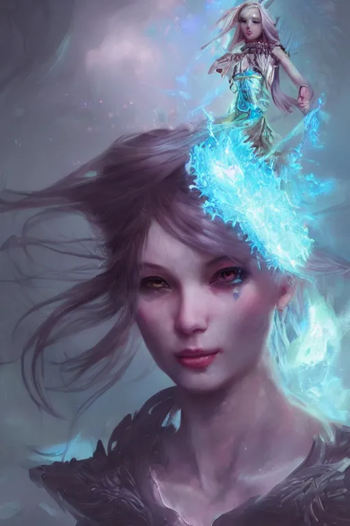 Image similar to face closeup of extremely beautiful girl necromancer, magical fairy flowers and ice, angels, 3 d render, hyper - realistic detailed portrait, holding fire and electricity rainbow, ruan jia, wlop. scifi, fantasy, magic the gathering, hyper detailed, octane render, concept art, peter mohrbacher