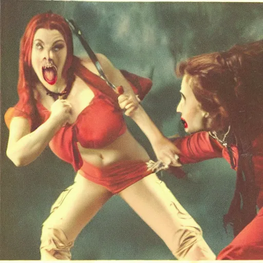 Prompt: photo of female vampire fighting werewolf