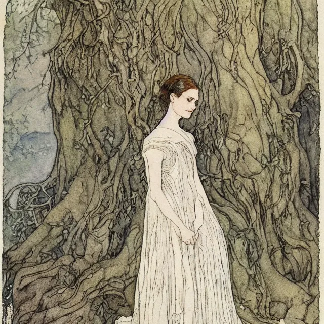 Image similar to a detailed, intricate watercolor and ink portrait illustration with fine lines, of a lovely, pretty, young alicia vikander in a dress reading under a gnarled tree, by arthur rackham and edmund dulac and mucha