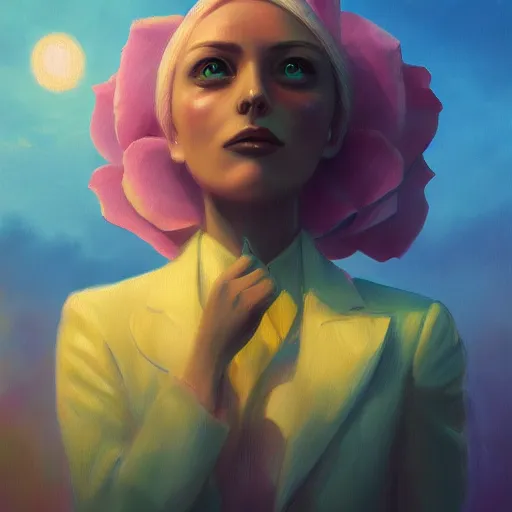 Prompt: closeup, huge rose flower face, frontal, girl in suit, surreal photography, sunrise, dramatic light, impressionist painting, digital painting, artstation, simon stalenhag