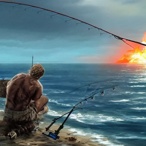 Prompt: Gigachad fishing in the apocolypse, HD, 4k image, apocolyptic landscape, end of the world