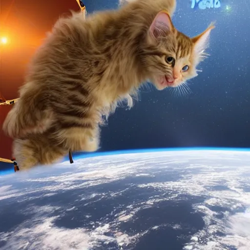 Image similar to 3D realistic action sequence of an astronaut ((cream colored maine coon kitten)) floating next to the James Webb Telescope in outer space, an unopened bag of kitty litter floats nearby, in the background friendly cute cute cute alien spacecraft