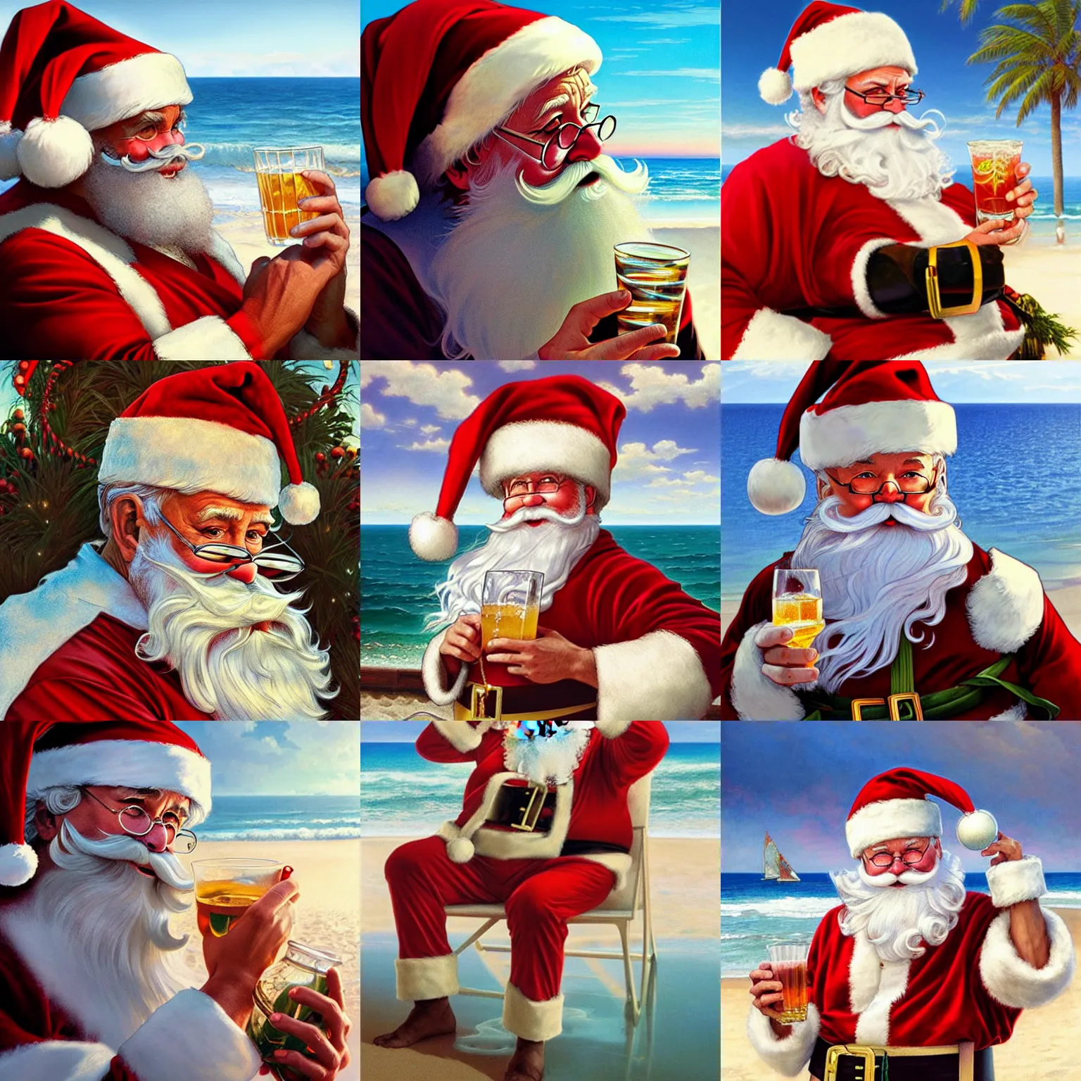 Prompt: santa claus on the beach with a drink, intricate, elegant, highly detailed, smooth, sharp focus, illustration, art by artgerm and greg rutkowski and alphonse mucha