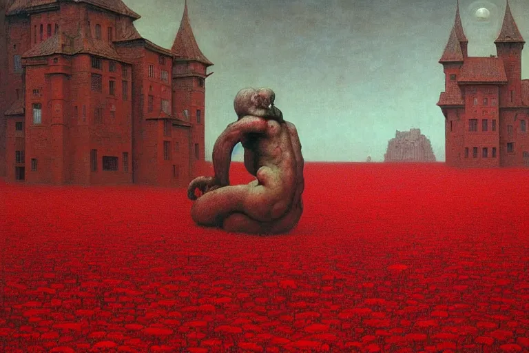 Prompt: only with red, red mushrooms of different types, a red tiger, a castle in the background, medieval demons dance over the flowers, an ancient path, in the style of beksinski, part by hopper, part by rodcenko, part by hofbauer, intricate composition, red by caravaggio, insanely quality, highly detailed, masterpiece, red light, artstation