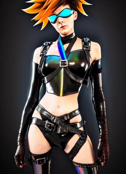 Image similar to oil painting digital artwork of tracer overwatch, confident pose, wearing black iridescent rainbow latex, 4 k, expressive happy smug expression, makeup, in style of mark arian, wearing leather collar, wearing sleek full body armor, black leather harness, expressive detailed face and eyes,