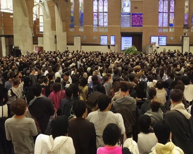 Prompt: anonymous at lectern with large presentation display behind, crowded university hall, photo