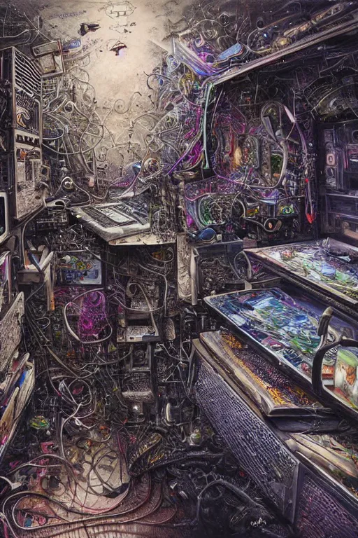 Image similar to all the art inside a computer's printed circuits painted by mahmoud farshchian, mia brownell, very detailed,, hyper realism, cyberpunk shading, cinematic composition, photorealistic, wide shot