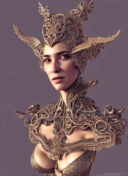 Prompt: a portrait of female in wearable sculpture art, ornate, metal works, intricate details, elegant, highly detailed, digital photography, artstation, glamor pose, concept art, smooth, sharp focus, art by artgerm and greg rutkowski, 3 d character, whole body, full body, film, photorealistic, unreal engine