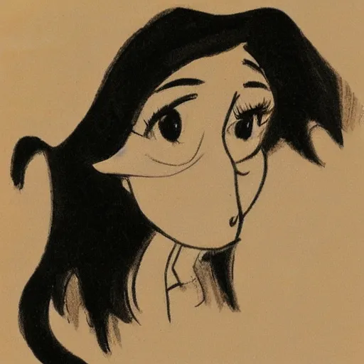 Image similar to milt kahl sketch of black hair cuban girl with dog nose