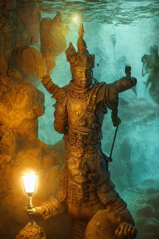 Image similar to a stunning ultra detailed underwater fantasy fine art photo of a granite statue of a terracotta warrior holding a glowing lamp, surrounded by colorful fishes, by tomasz alen kopera and anna dittman, water bubbles, very detailed, deep depth of field, 5 0 mm lens, soft lighting, artstation, highly coherent, 8 k