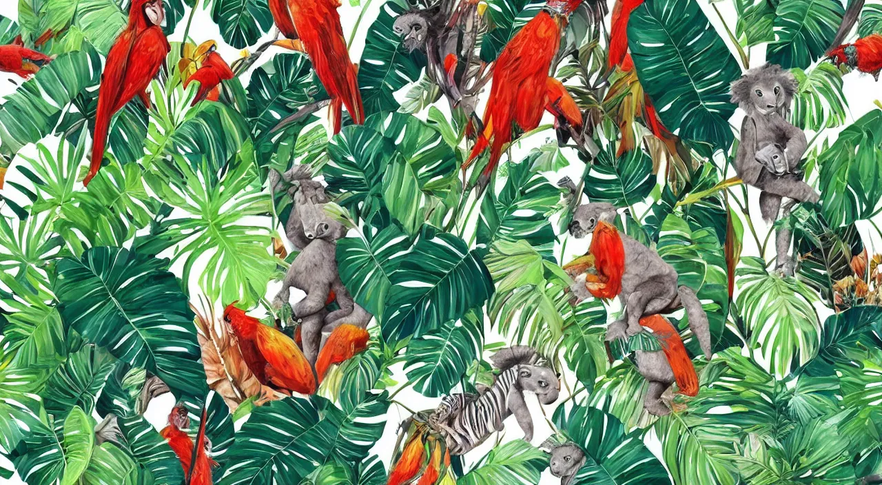 Prompt: a beautiful painting of various large tropical plant leaves, ornat concept art illustration, koala, zebra, lion, macaws, paint on canvas