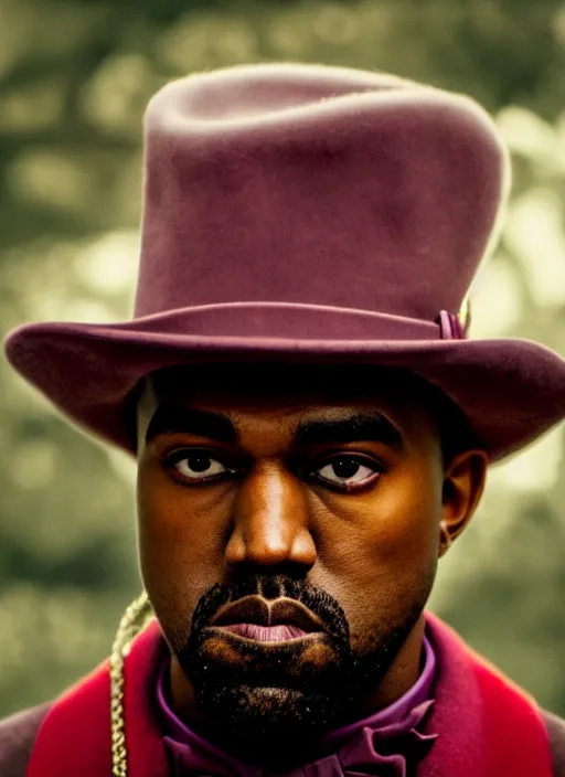 Image similar to portrait kanye west as willy wonka in django unchained, splash art, movie still, cinematic lighting, long lens, shallow depth of field, bokeh, anamorphic lens flare, 8 k, hyper detailed, 3 5 mm film grain