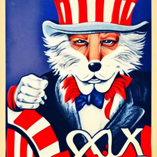 Image similar to fox animal dressed as uncle sam propaganda poster