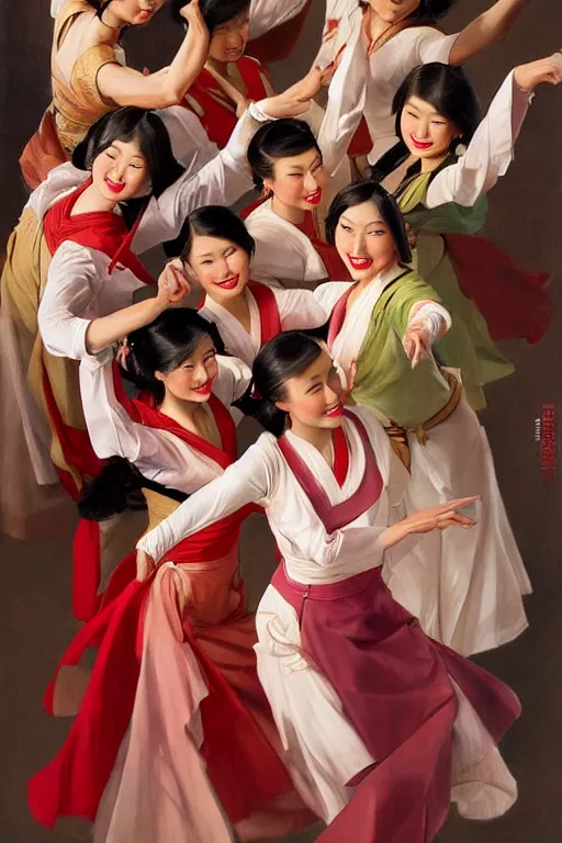 Image similar to top angle shot of group of asian females dancing, masterpiece painted by jc leyendecker, 8 k, high detail, fantasy art, dnd, artstation,