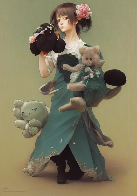 Image similar to hatsune miku holding a teddy bear, intricate, elegant, highly detailed, digital painting, artstation, concept art, smooth, sharp focus, illustration, art by artgerm and greg rutkowski and alphonse mucha and william - adolphe bouguereau