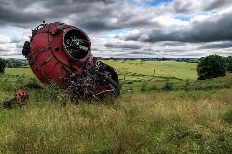 Image similar to beautiful english countryside, a ginormous destroyed streampunk machine lies broken in a field, many people, fire and oil