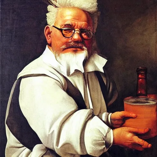 Prompt: Colonel Sanders holding a tankard, drunk. Painted by Caravaggio, high detail