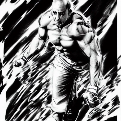 Image similar to Black and white drawing of Vin Diesel walking like a Italian model, highly detailed, sharp focus, manga panel, ArtStation, art by Hirohiko Araki