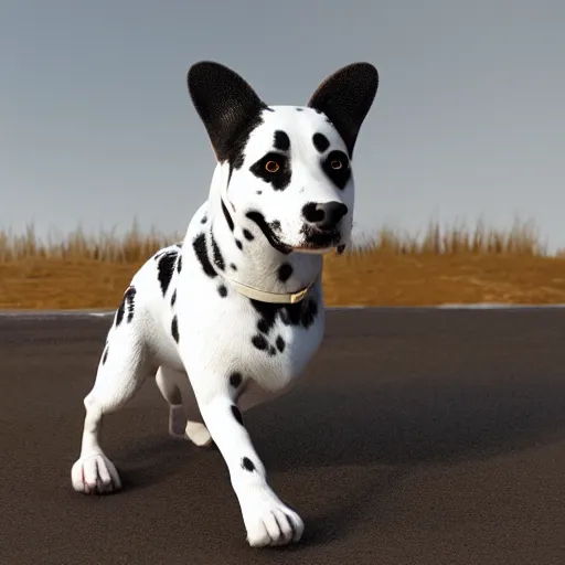 Image similar to Dalmatian and Corgi hybrid, hyper realistic, photo, octane render, 8K, cinematic