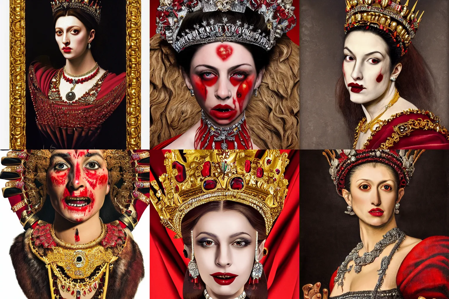 Image similar to A extremely highly detailed majestic hi-res beautiful head and shoulders painting of a beautiful bloody vampre woman with fangs wearing a long royal red silk dress, the crown jewels is on her head and around her neck is a ornate golden necklace decorated with diamonds and rupees by Michelangelo Merisi da Caravaggio, high detail, hyperrealistic, photorealistic, octante render, cinematic, high textures, royaltly, royal, hyper sharp, 4k insanely detailed and intricate, hypermaximalist, 8k, hyper realistic, super detailed, 4k HDR hyper realistic high,