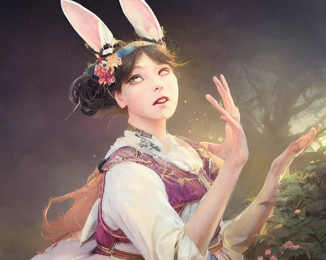 Image similar to victorian dancers with bunny ears and silk cloth and long hair, magnificent, close up, details, sharp focus, elegant, highly detailed, illustration, by Jordan Grimmer and greg rutkowski and PiNe(パイネ) and 薯子Imoko and 香川悠作 and wlop and maya takamura, intricate, beautiful, Trending artstation, pixiv, digital Art