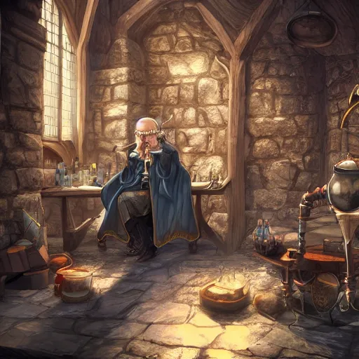 Prompt: a wizard wearing sunglasses drinking a magical potion in a medieval lab, digital art, fantasy, artstation, 4k, award-winning, epic