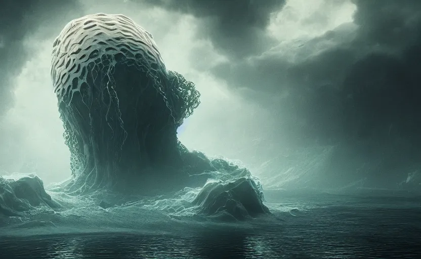 Prompt: A large body of water containing a Lovecraftian Horror, digital art, octane reder, 4k UHD