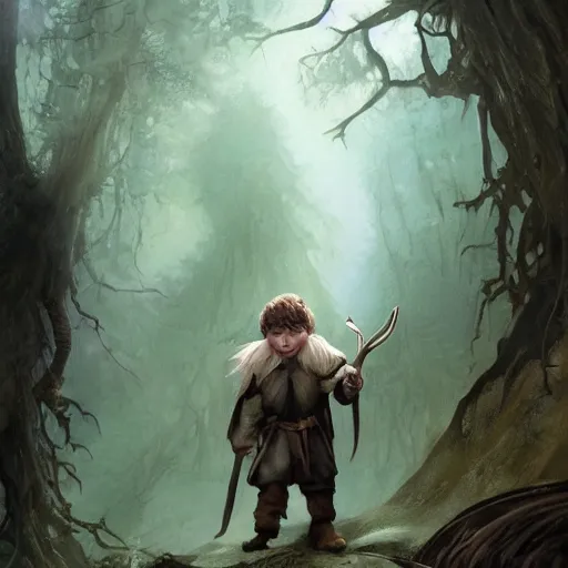 Image similar to A beautiful digital painting of a 30 year old hobbit dressed as a hobbit in the mirkwood forrest holding sting the sword looking at the camera by Stanley Artgerm Lau, frank frazetta, Rossdraws, James Jean, gerald brom, Andrei Riabovitchev, Marc Simonetti, and Sakimichan, trending on artstation, SFW version